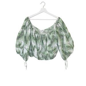 Sigrid Olsen Top Womens Medium linen puff sleeve crop top green peasant Coastal